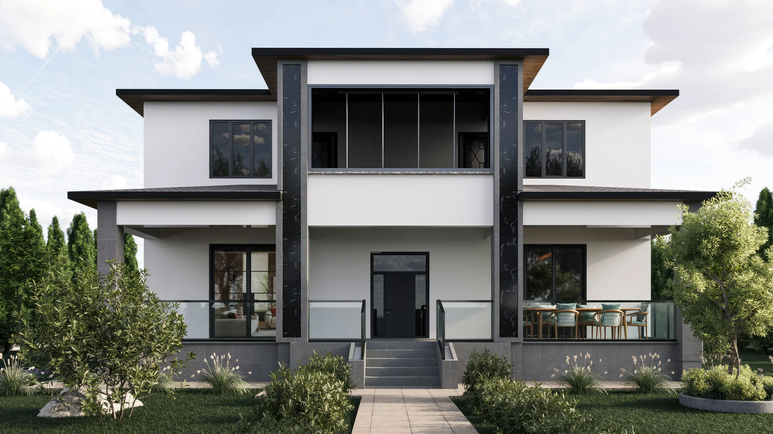 M.E Evi, iki katlı villanın simetrik ön cephesi ve giriş merdiveni