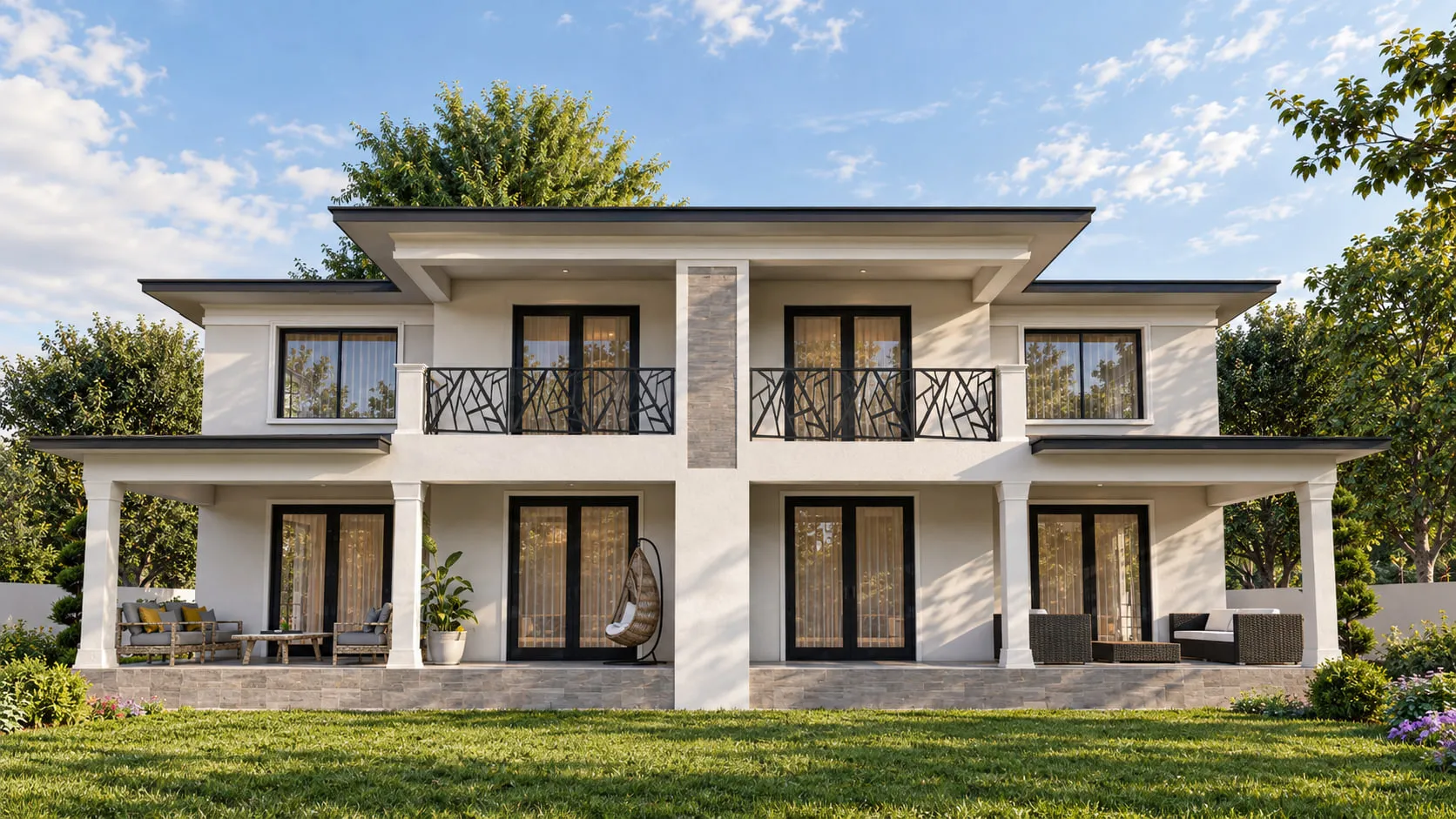 H.Ç. Evi, geometrik korkuluklu balkonları ve verandalarıyla simetrik ön cephe