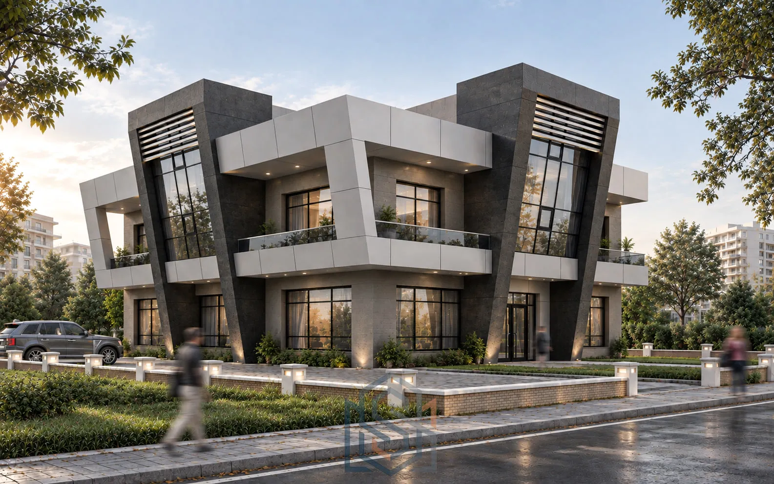 Mis Plaza, eğik koyu taş kuleler arasında geniş camlı cephe, akşam ışığında