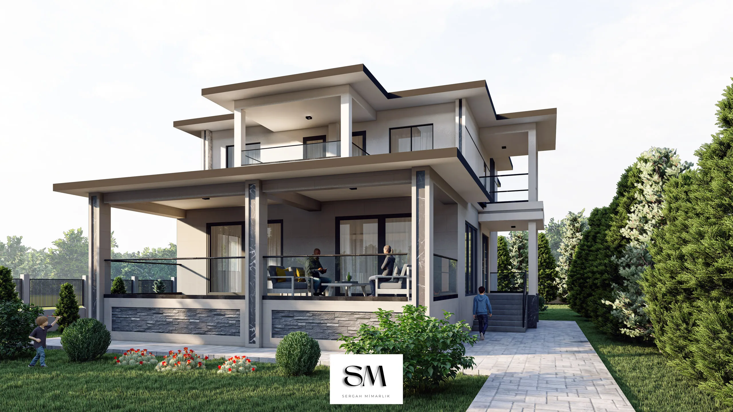 O.B Evi, bahçeye bakan geniş saçaklı veranda