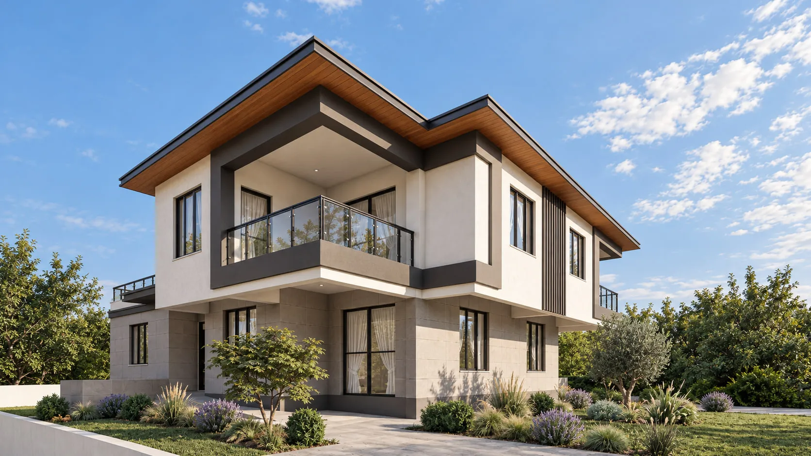 M.A Evi, cam korkuluklu balkon ve peyzajlı giriş